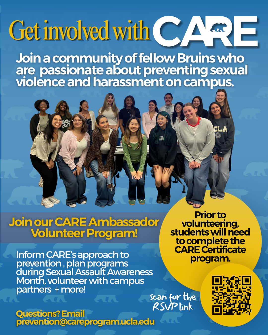 CARE flyer introduces the CARE Ambassador program, in which students who participate and complete the 3-week certificate training can return and volunteer with CARE!