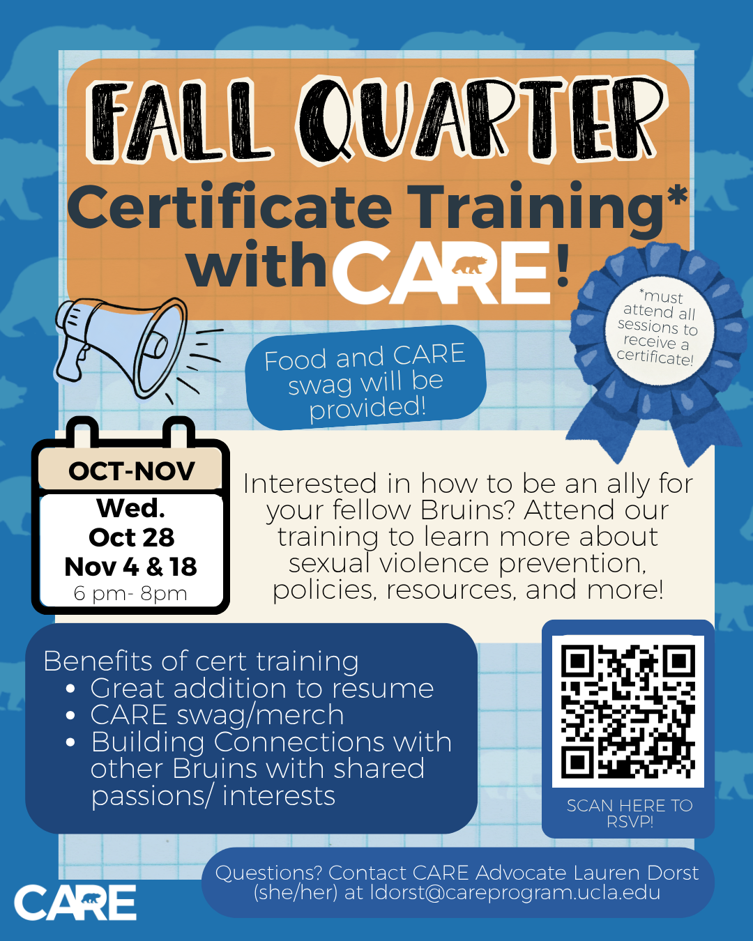 Flyer shows information about the 3 session fall certificate training for students interested in learning more about supporting violence and preventing harm on campus.